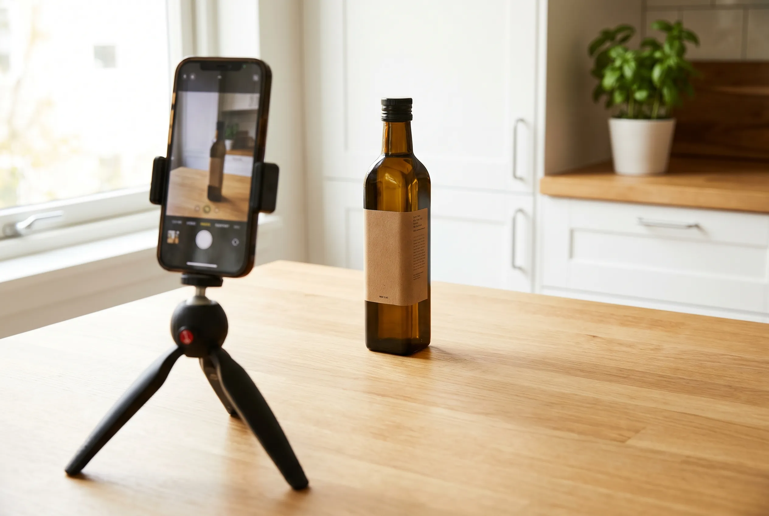 Phone on a tripod, product on a bare wood counter, soft window light from the left